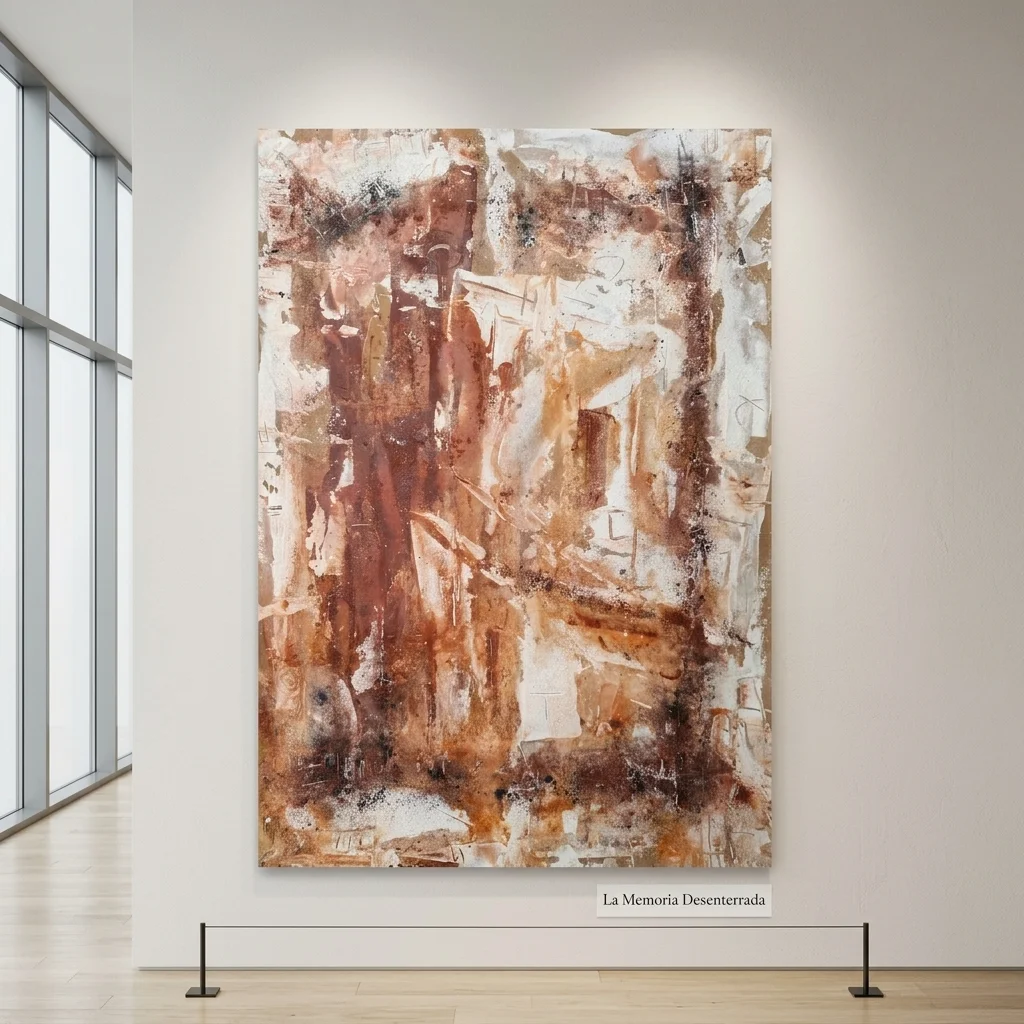 Detalle de relieve e impasto de 'La Memoria Desenterrada' en una exposición de arte de estilo nórdico